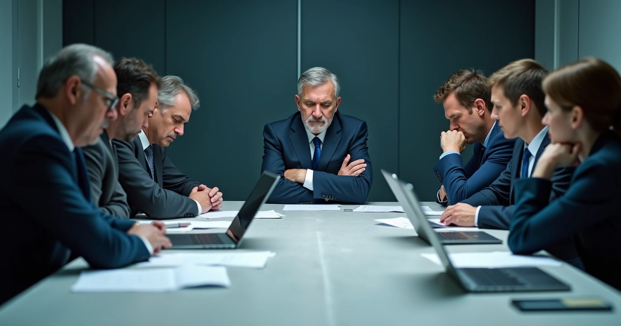 Reunião entre colaboradores com clima tenso e expressões fechadas 