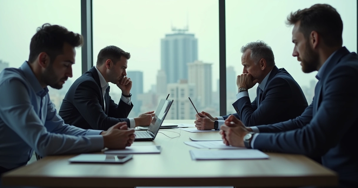 Reunião de equipe em ambiente organizacional, pessoas aparentam tensão 