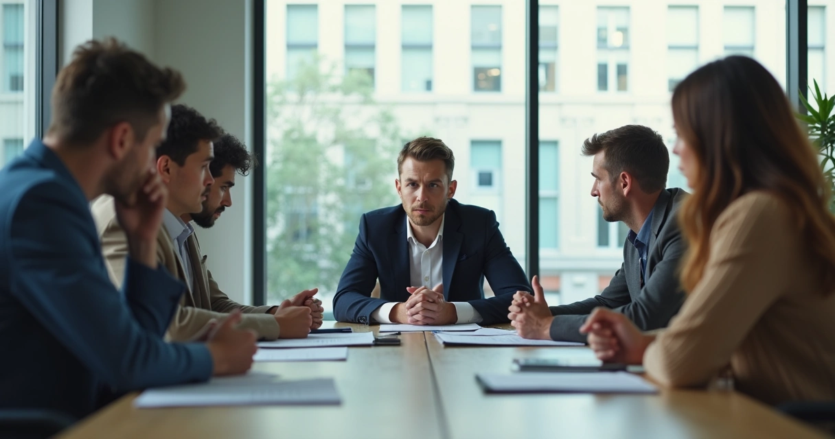 Pessoas sentadas ao redor de uma mesa, expressando emoções conflitantes, luz suave por uma janela, ambiente de escritório