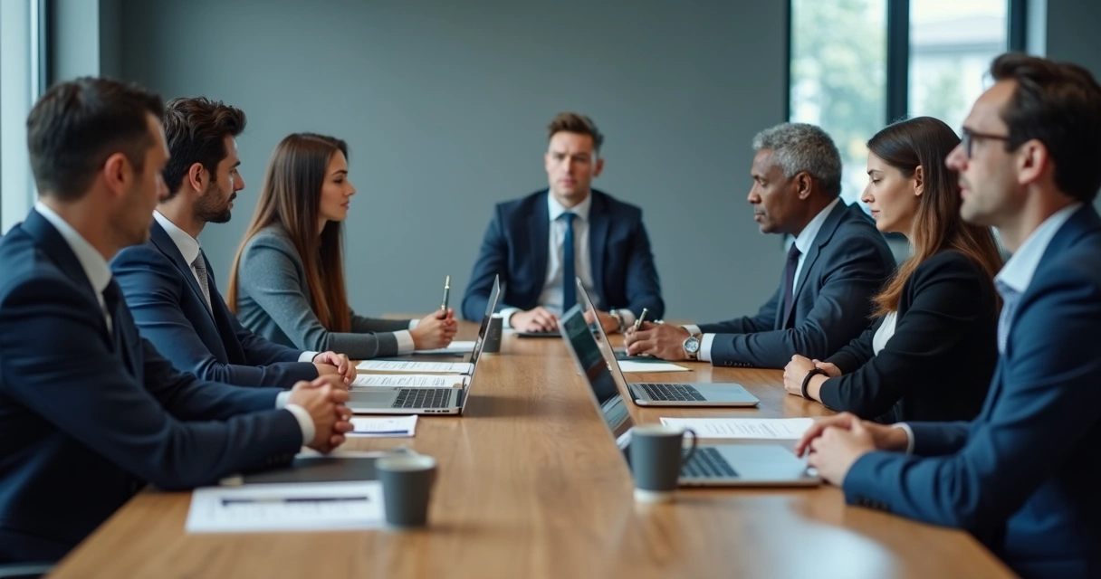 Reunião corporativa silenciosa com tensão visível entre participantes 