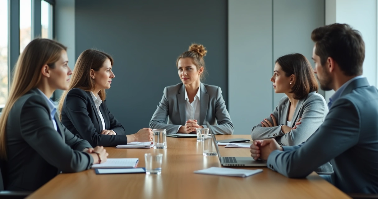 Reunião de equipe em silêncio com tensão visível nos gestos