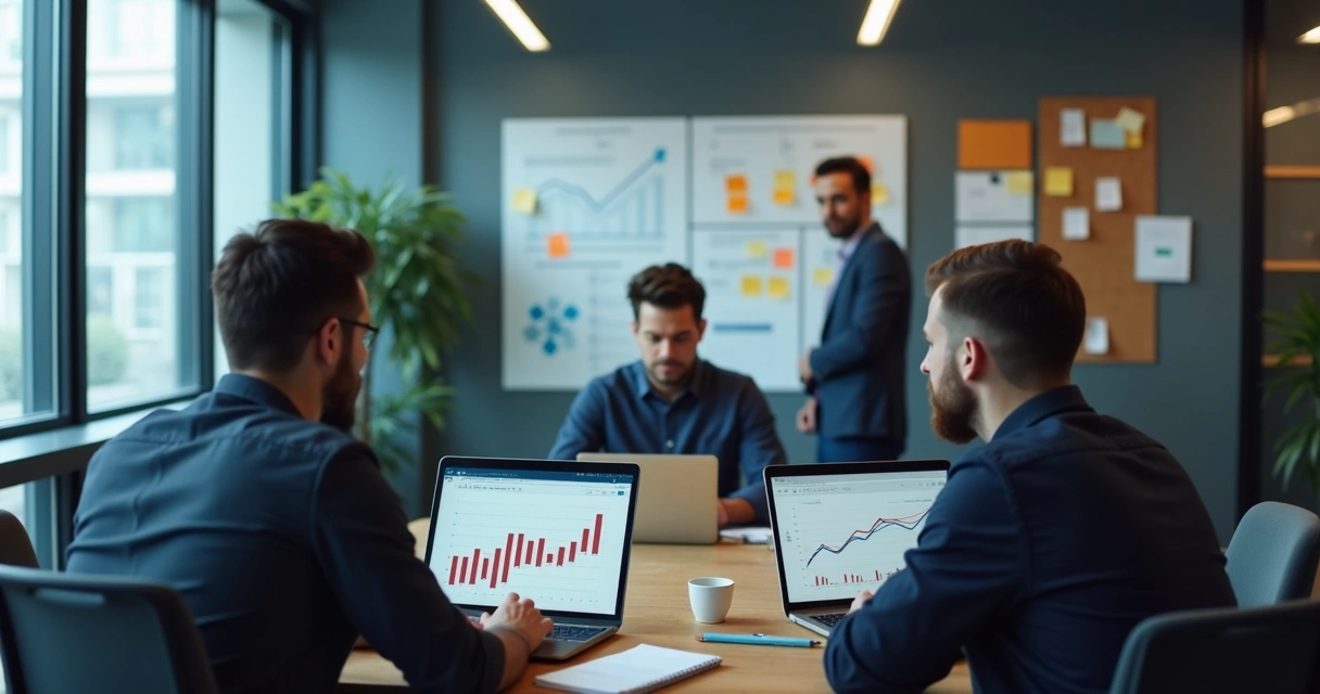 Equipe de startup em reunião tensa diante de gráficos e telas 