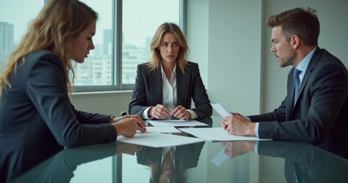 Três pessoas em reunião com expressões tensas analisando documentos 