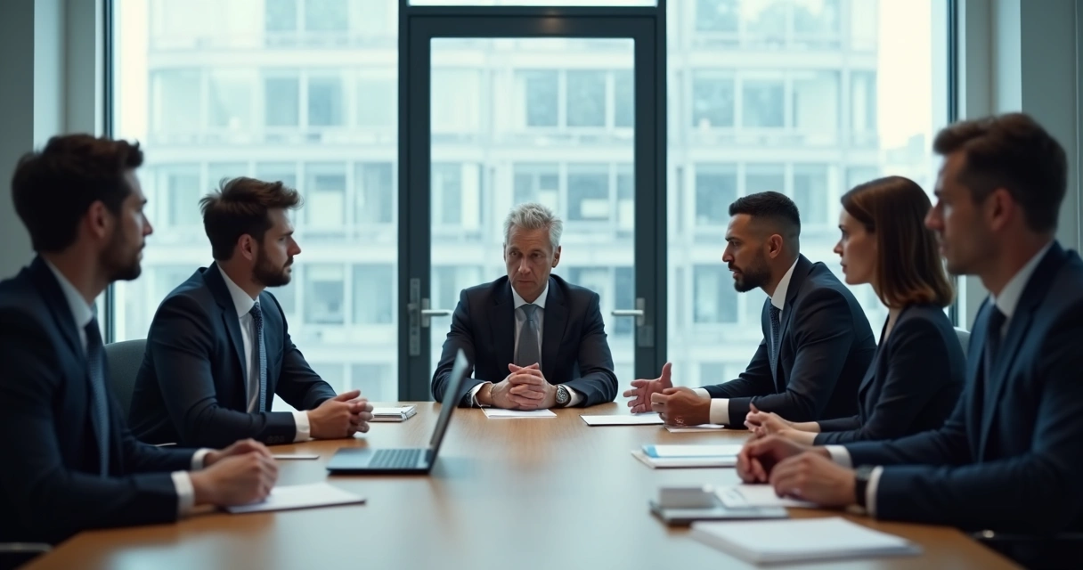Equipe em reunião tensa observando gestor em silêncio 