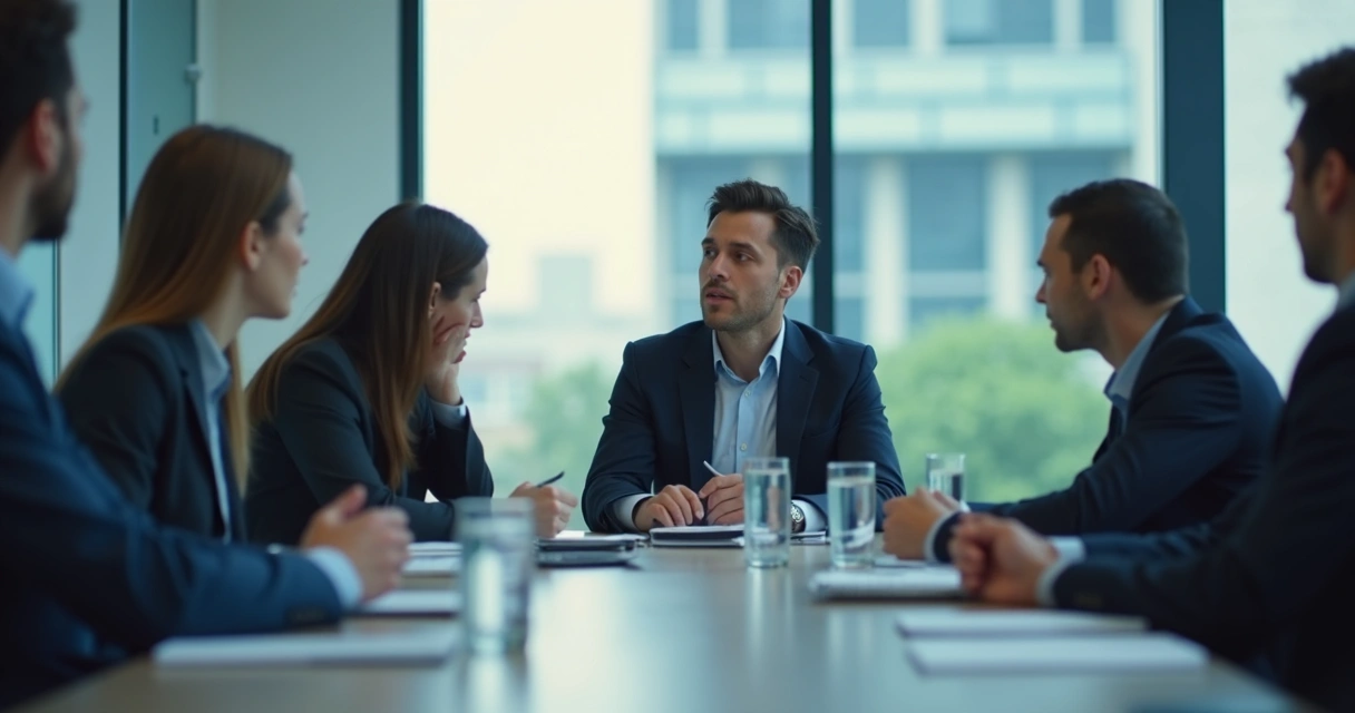 Profissional em reunião observando colegas enquanto faz pausa para respirar