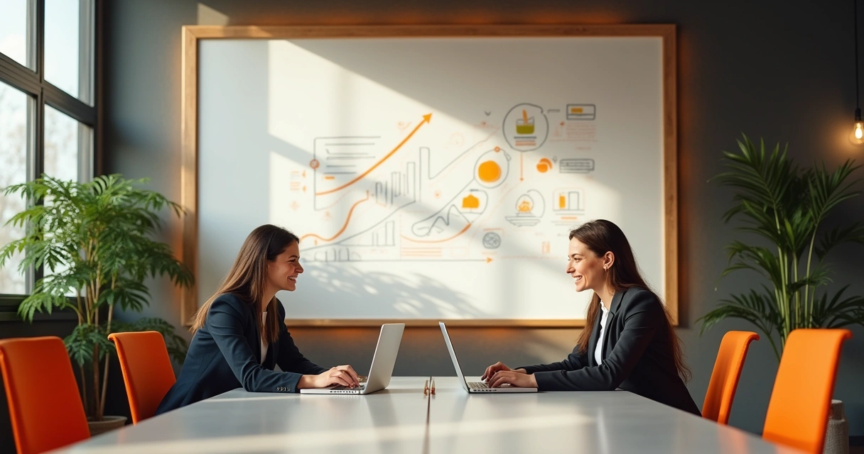 Reunião de empresas colaborando em mesa de trabalho com gráficos e ideias em destaque, simbolizando a teoria dos jogos cooperativos.