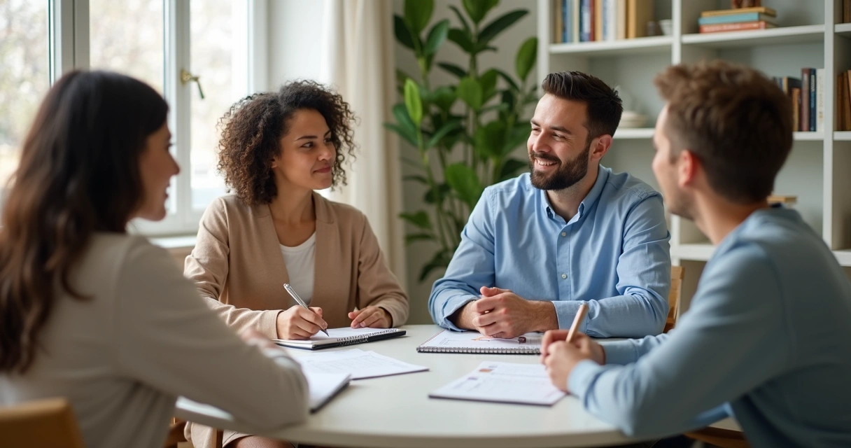 Profissional em reunião com família e anotações clínicas 