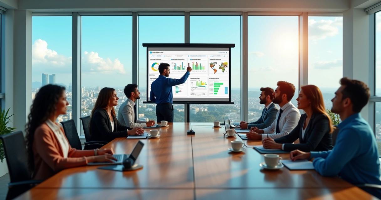 Líderes do terceiro setor em reunião com painel digital de dados ao fundo 