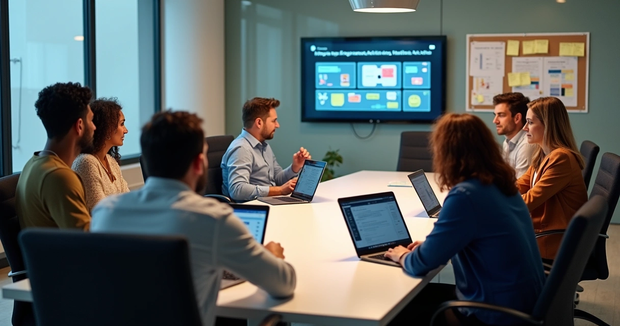 Equipe de agência em reunião testando automações de marketing 