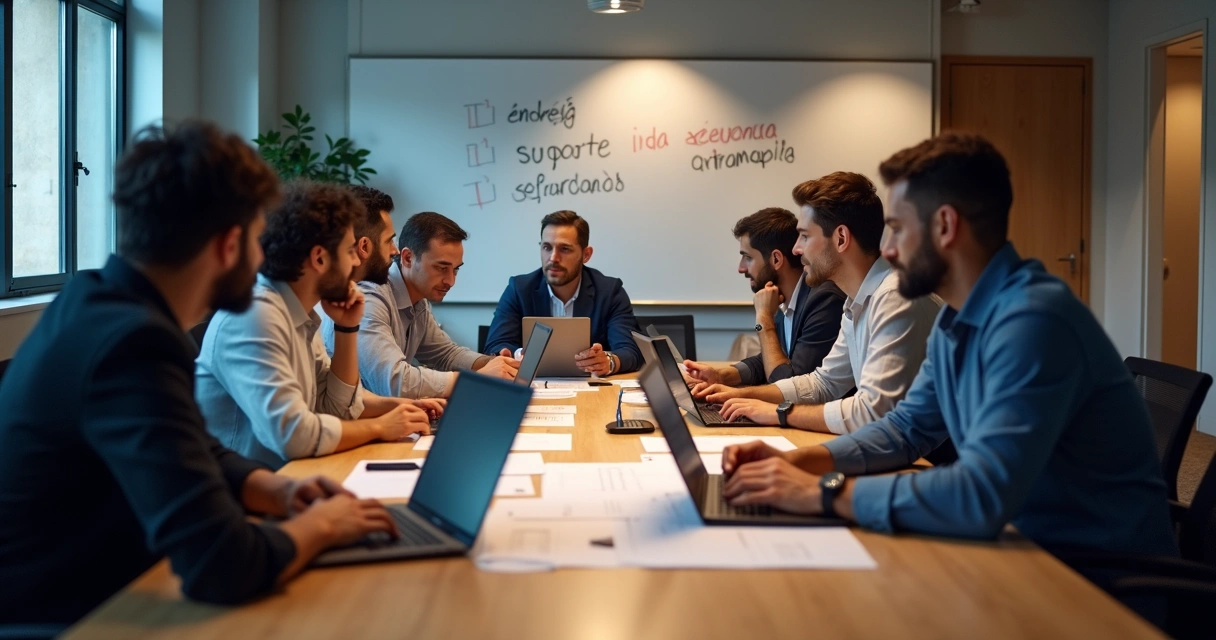 Equipe de TI avaliando checklist de aluguel de notebook em reunião