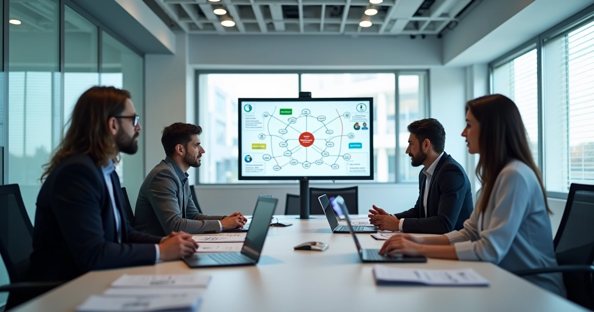Equipe de TI e contadores discutindo processos em ambiente corporativo 