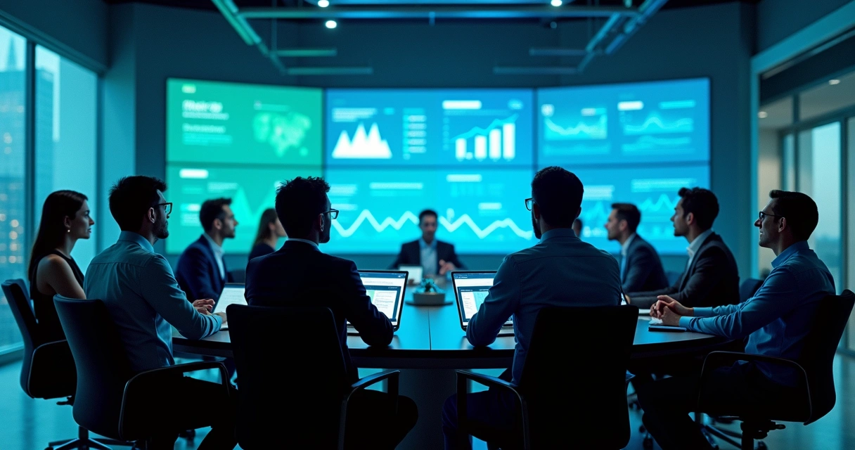 Reunião entre TI e gestores de negócios analisando indicadores em tela 