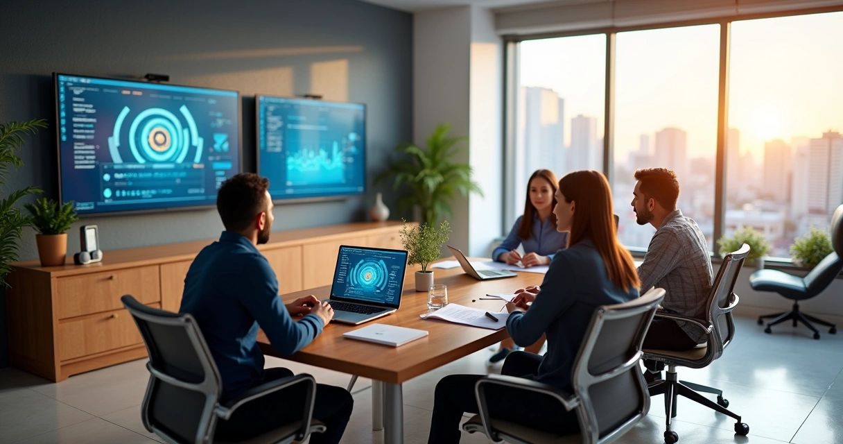 Reunião de consultor de TI com empresários locais analisando sistemas digitais 