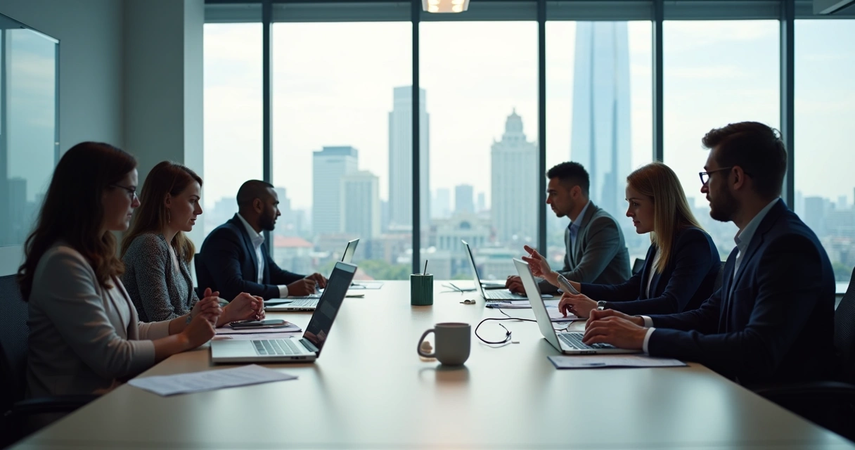 Reunião de profissionais de TI discutindo um projeto de outsourcing em uma mesa moderna, documentos e laptops expostos 