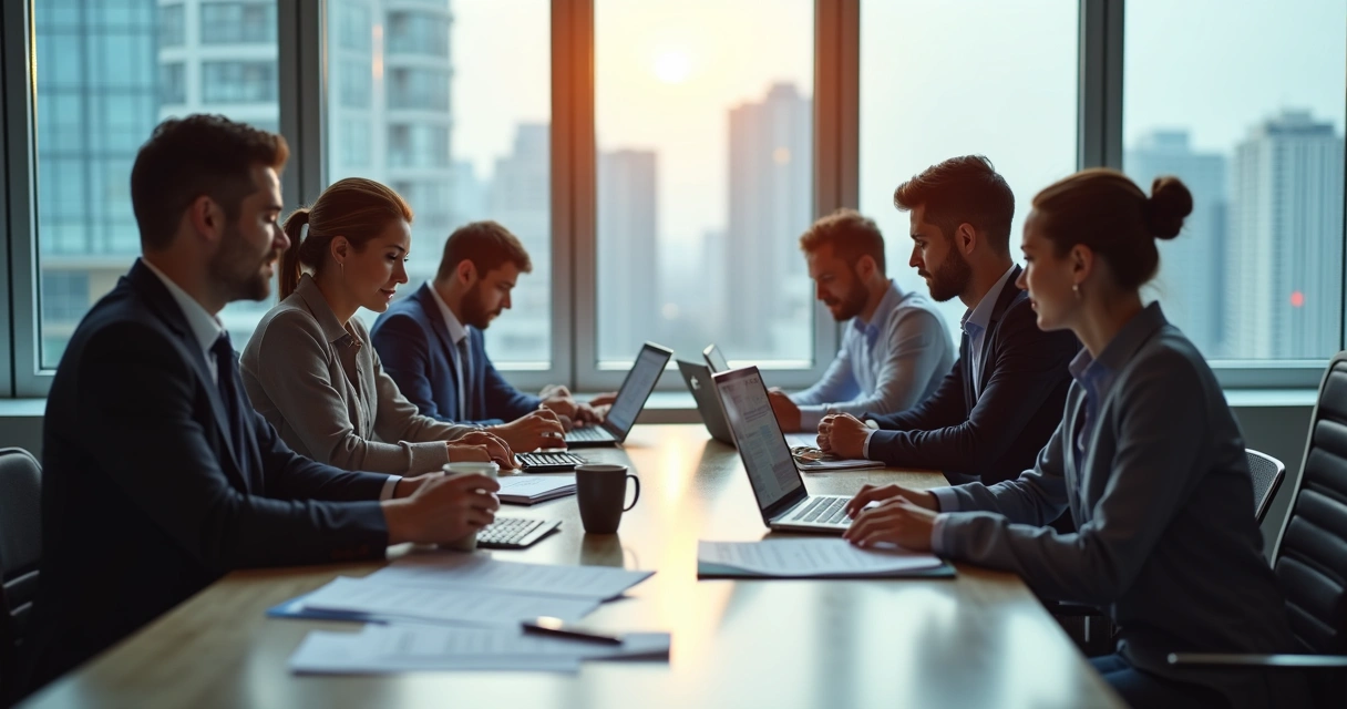 Profissionais de TI em reunião analisando contrato e notas fiscais