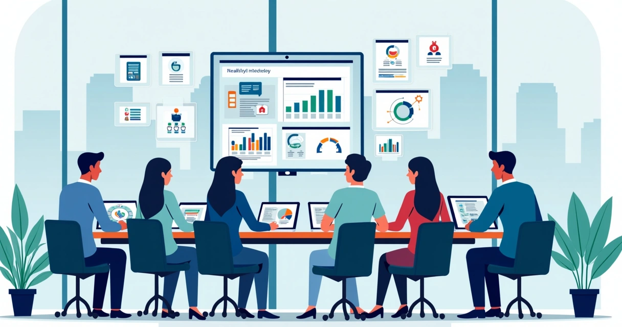 Gestores públicos reunidos ao redor de uma mesa discutindo telas de computadores com gráficos e dados digitais 