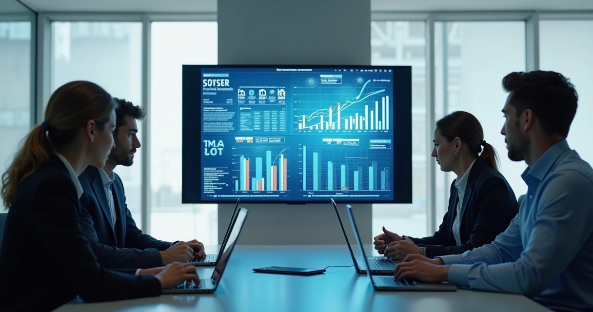 Profissionais de TI e contabilidade discutem gráficos fiscais em uma sala moderna. 