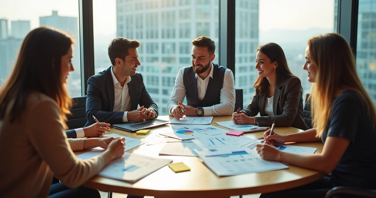 Equipe em reunião planejando mudanças. 