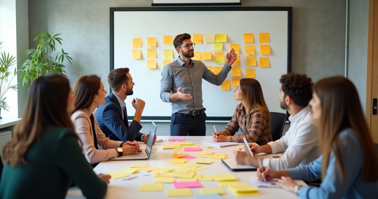 Time ágil fazendo reunião com post-its e líder promovendo desapego 