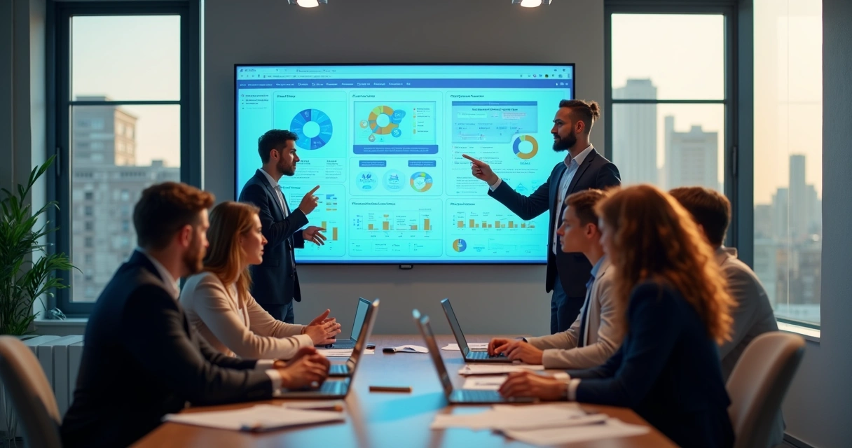 Equipe de empresa analisando software em sala de reunião 