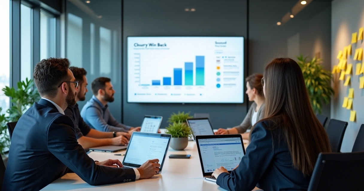 Equipe em reunião revendo dados de churn 