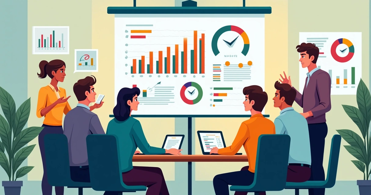 Gestores e equipe comercial reunidos, discutindo números de vendas com quadro branco ao fundo 