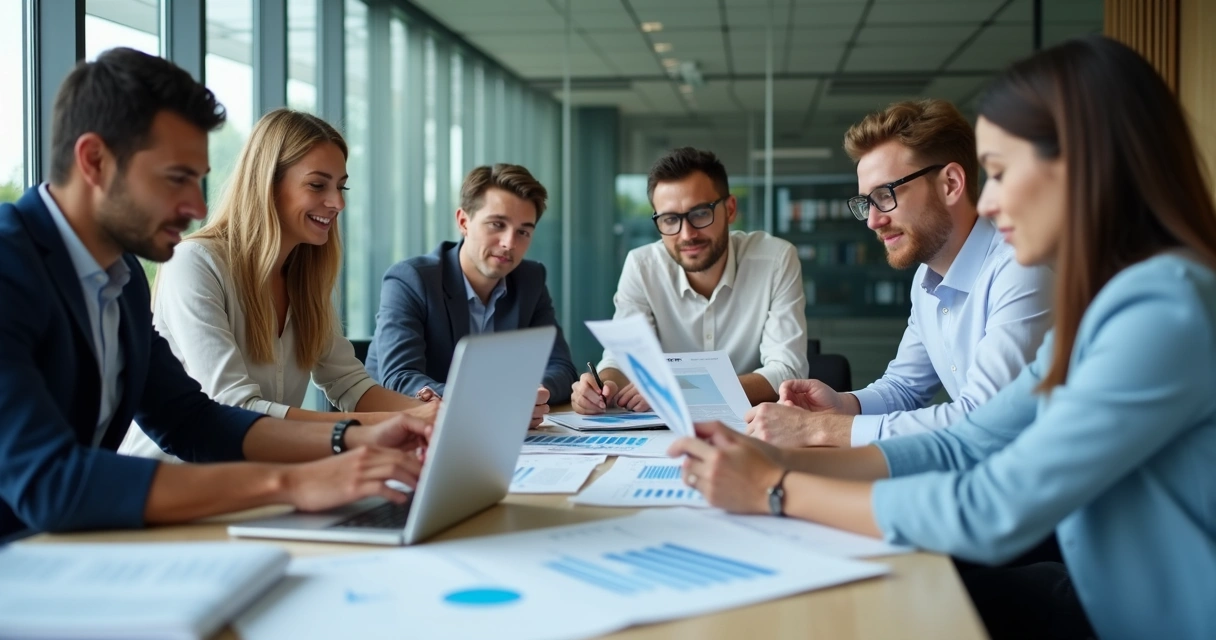 Equipe comercial reunida em volta de uma mesa com notebooks e gráficos analisando indicadores 
