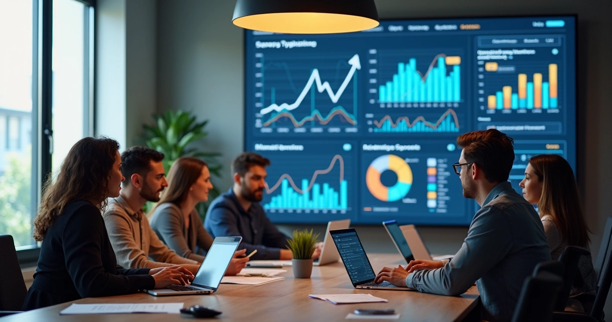 Equipe de vendas analisando métricas em uma reunião presencial 