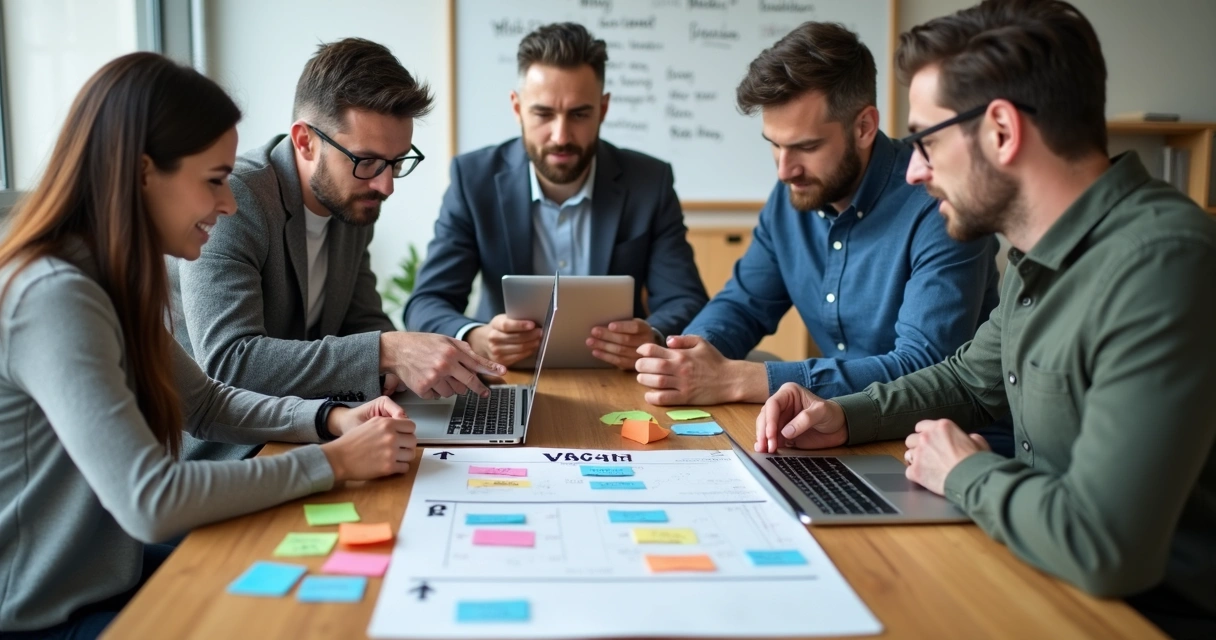 Equipe comercial reunida ao redor de uma mesa, planejando ações usando post-its. 