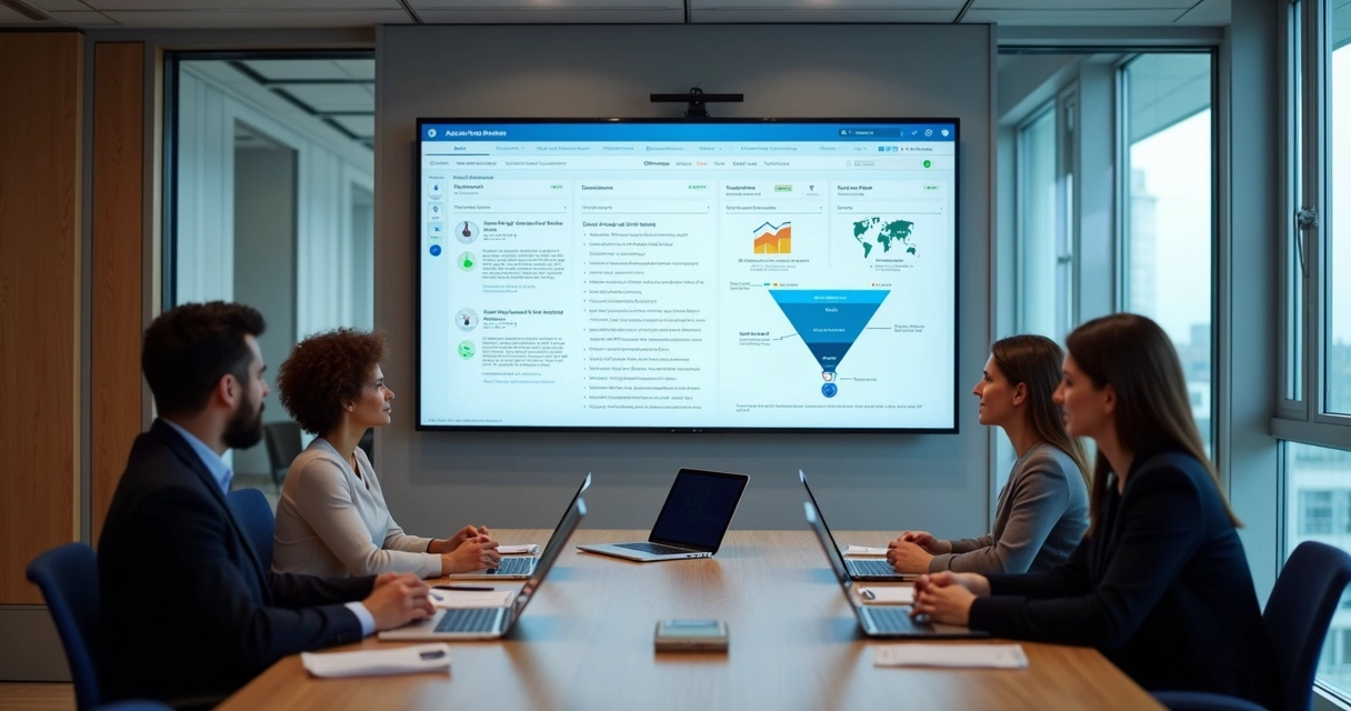 Equipa comercial em reunião com gráficos e automação por IA 