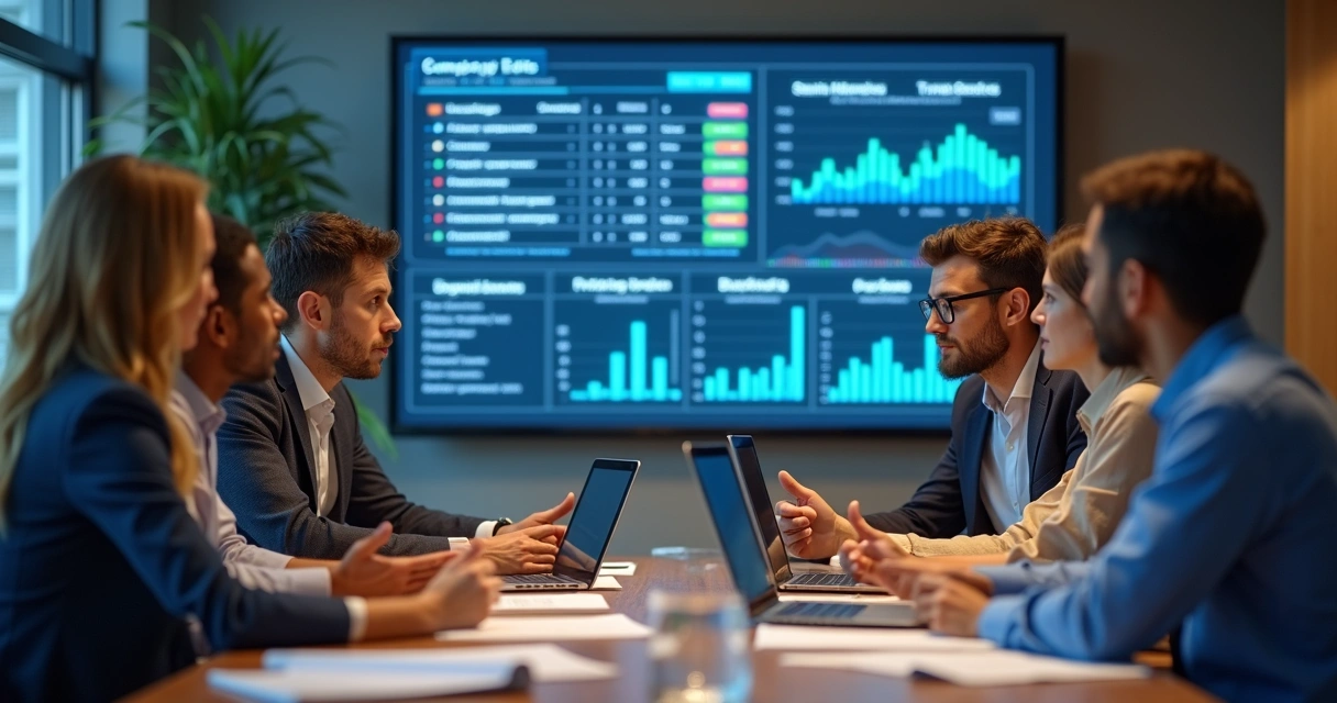 Equipe comercial analisando dados de empresas em reunião 