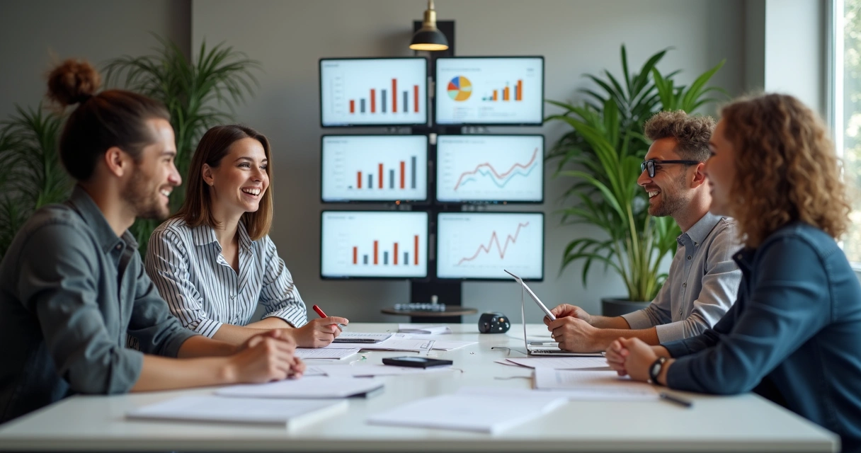 Equipe comercial reunida analisando resultados de IA 