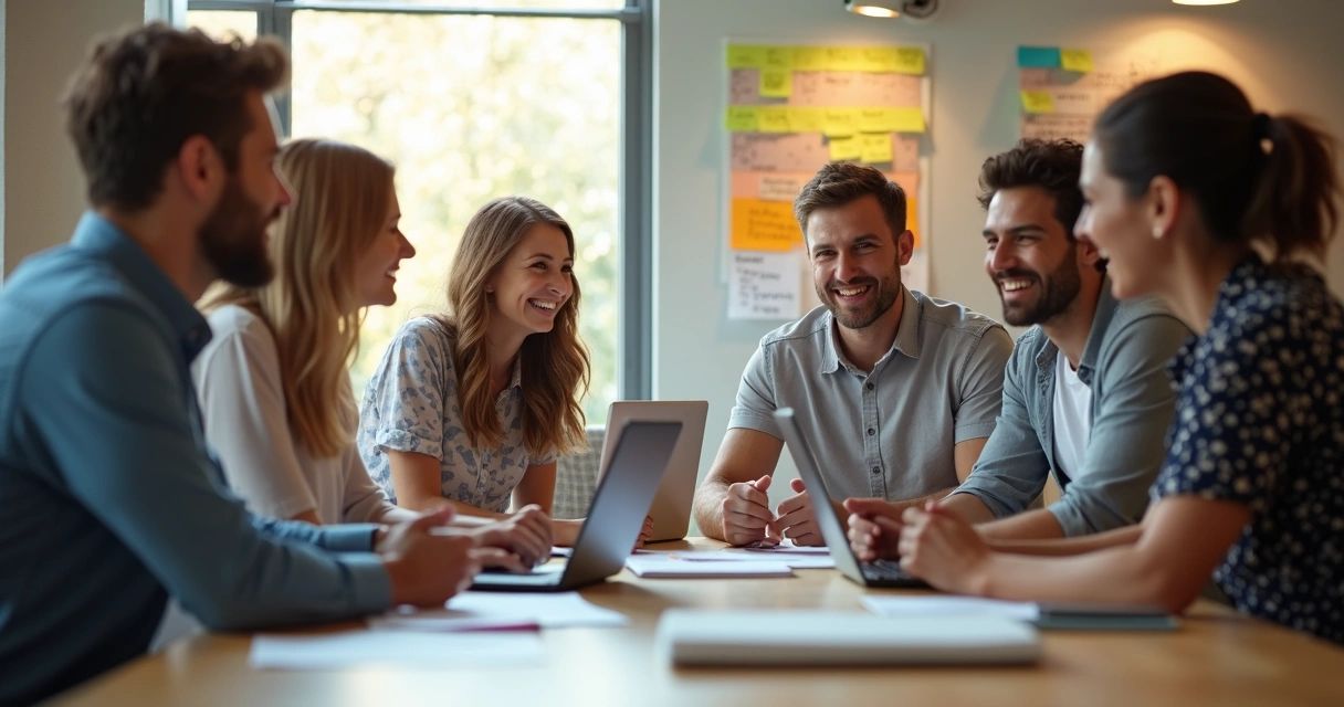 Time reunido ao redor de uma mesa, parte dos integrantes sorrindo e outro grupo com expressões sérias. 
