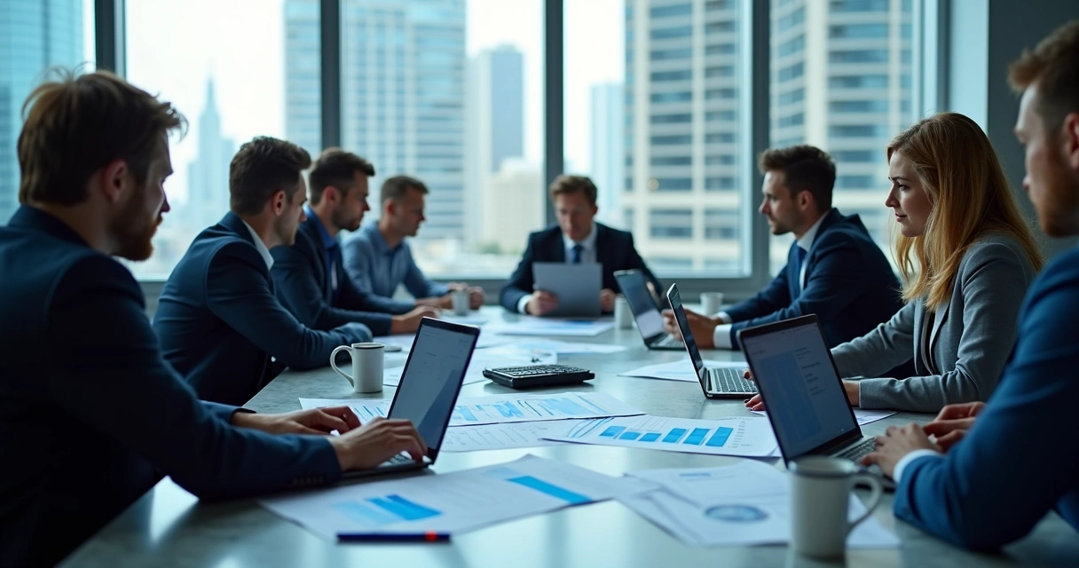 Equipe reunida em escritório com gráficos e contratos digitais em computadores. 