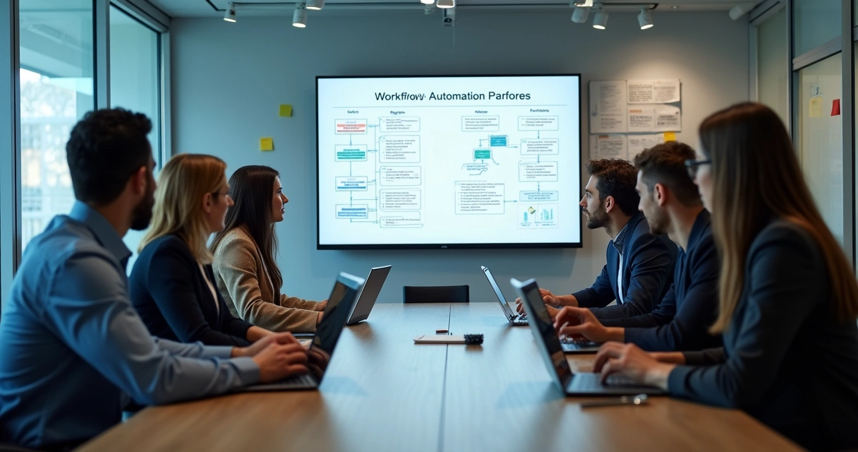 Reunião de equipe em mesa de trabalho com lousa digital e computadores 