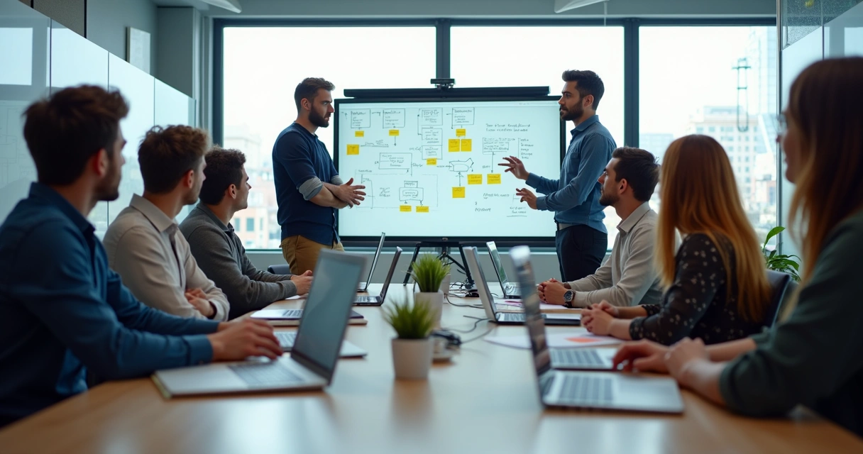 Reunião de desenvolvedores em sala, discutindo projetos juntos 