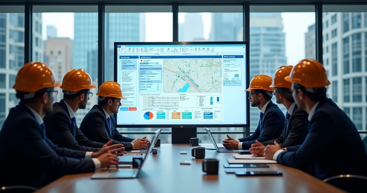 Profissionais de construção civil em reunião com telas digitais e interface compartilhada em ambiente moderno.