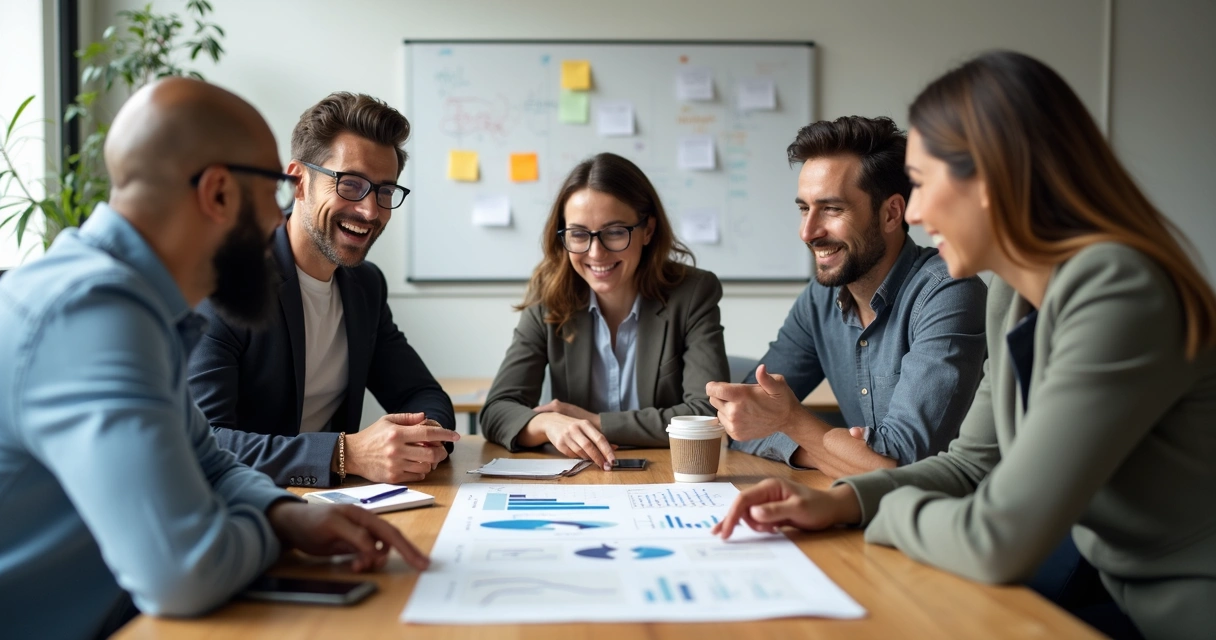 Equipe discutindo metas ao redor de uma mesa