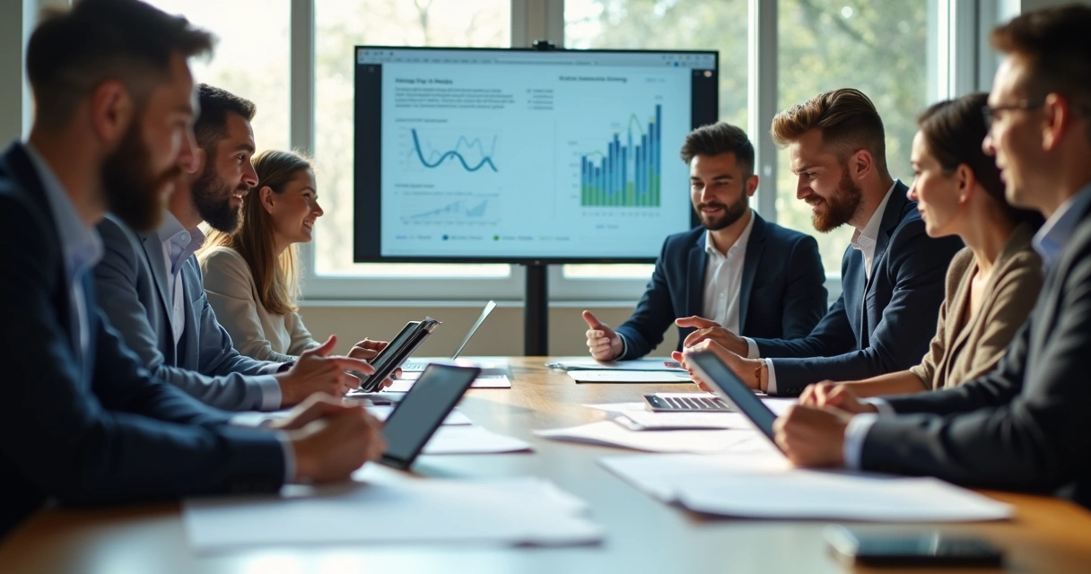 Reunião de equipe diversa sentada ao redor de uma mesa grande, conversando e analisando relatórios. 