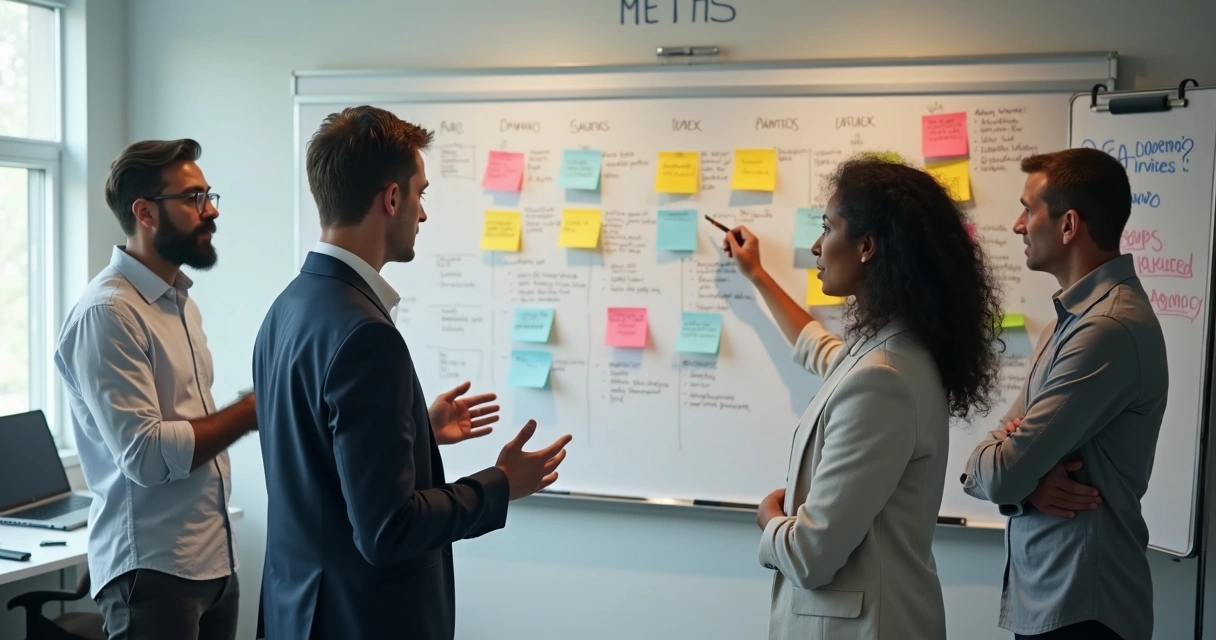 Time de pequena empresa em pé debatendo em frente a quadro branco com post-its 