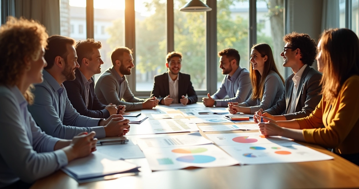 Equipe reunida em torno de uma mesa discutindo com papéis, expressão engagement. 