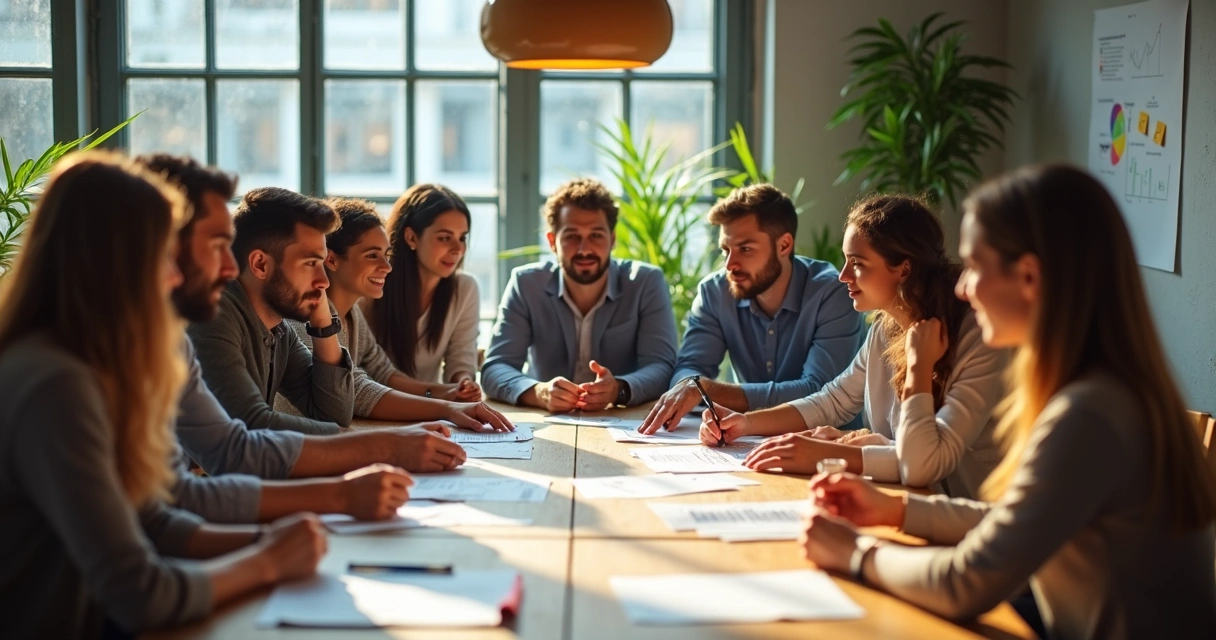 Equipes reunidas em volta de uma mesa discutindo soluções organizacionais 