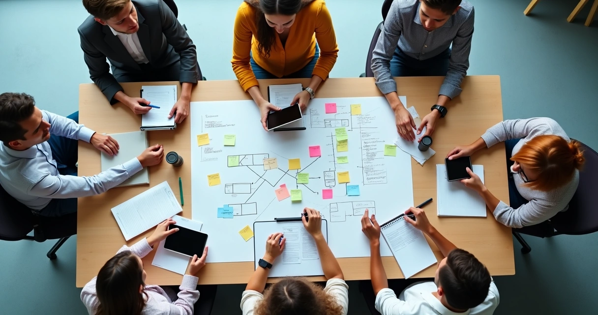 Equipe em reunião estratégica com post-its organizando decisões de análise. 