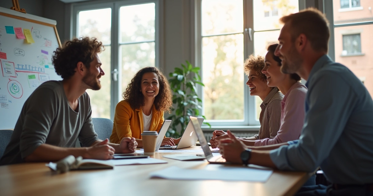 Equipe em reunião sorrindo em sala de escritório moderna 