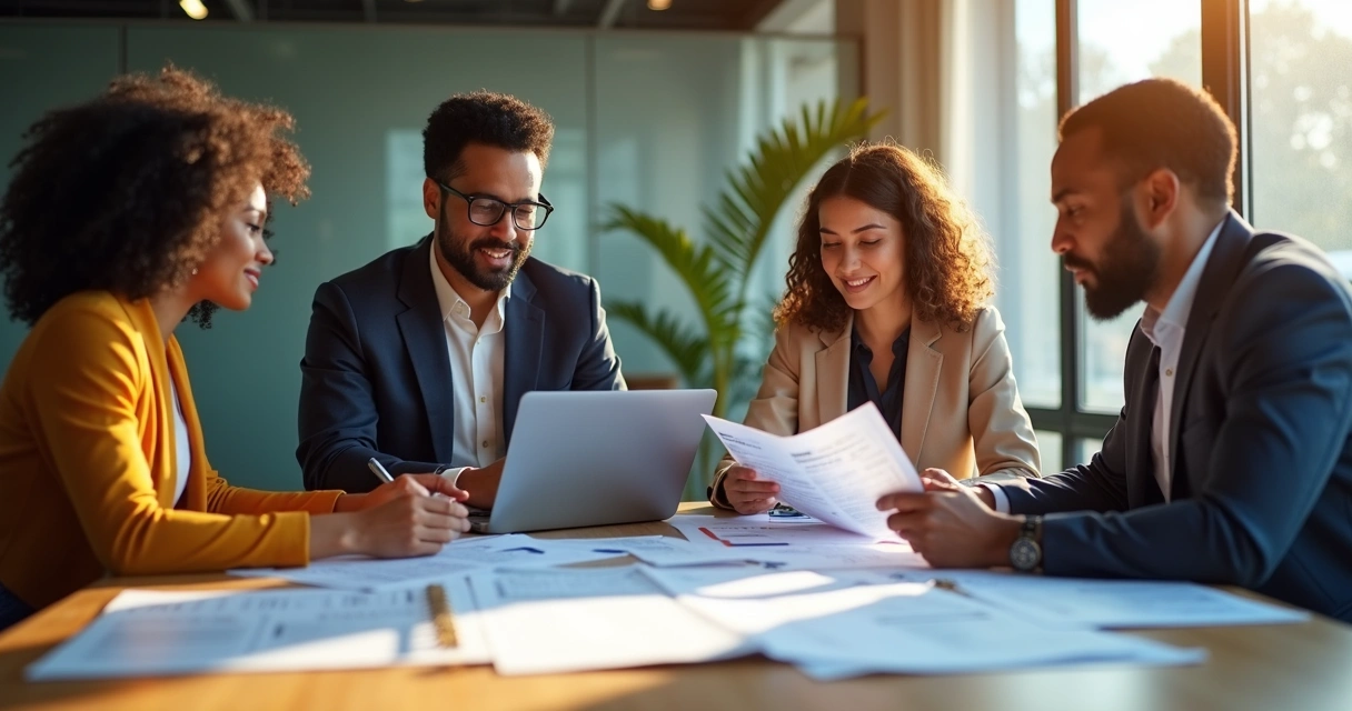Equipe financeira analisando documentos de contas na mesa. 