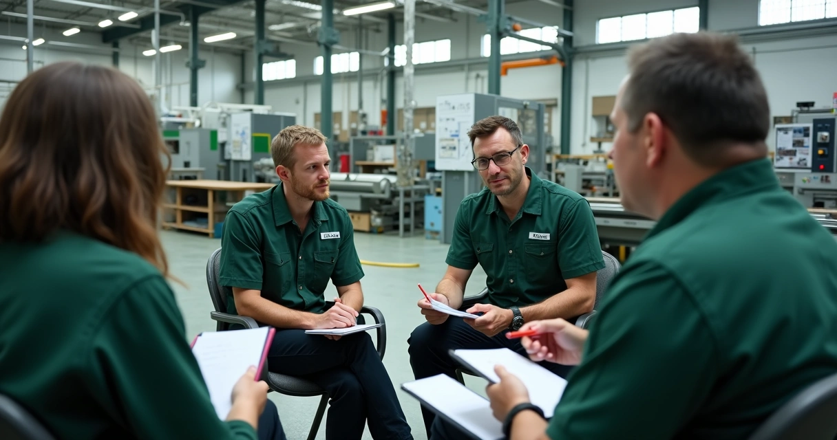 Equipe industrial reunida em círculo, discutindo ideias sustentáveis 