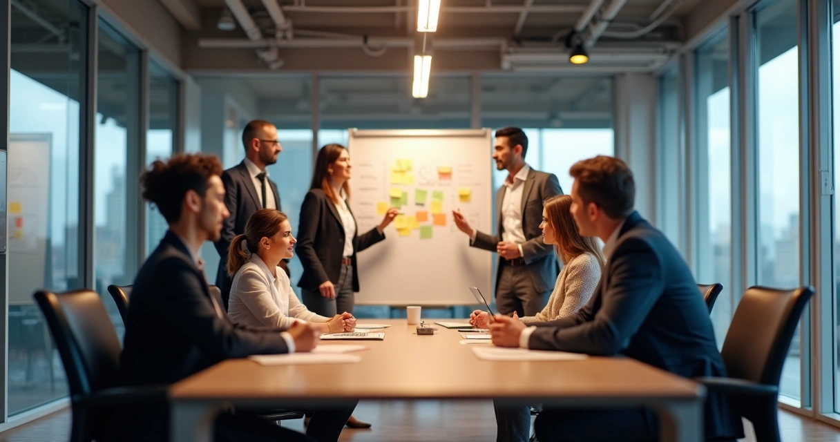 Time reunido em sala moderna, discutindo ideias com quadro branco ao fundo
