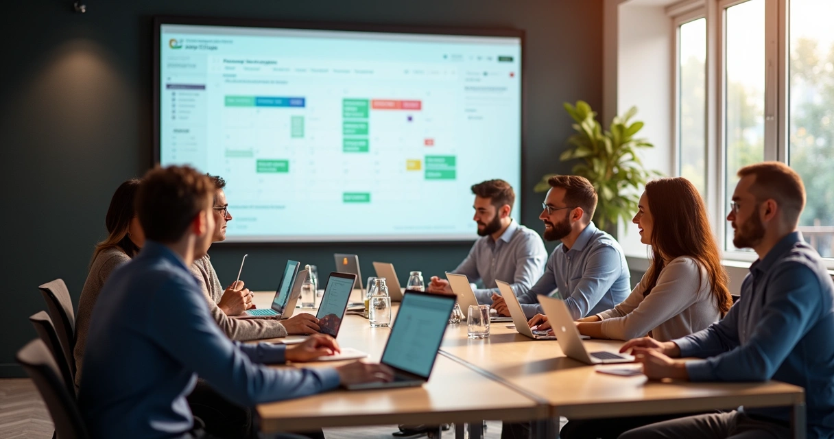 Equipe de marketing em reunião estratégica discutindo pautas 