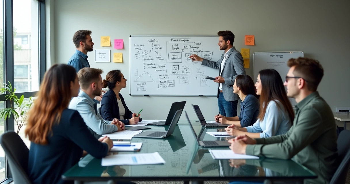 Equipe de marketing reunida em sala de reunião 