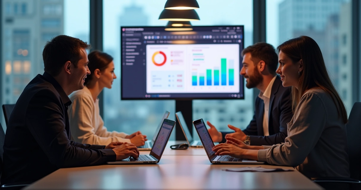 Equipe de marketing em reunião na mesa, discutindo estratégias digitais 